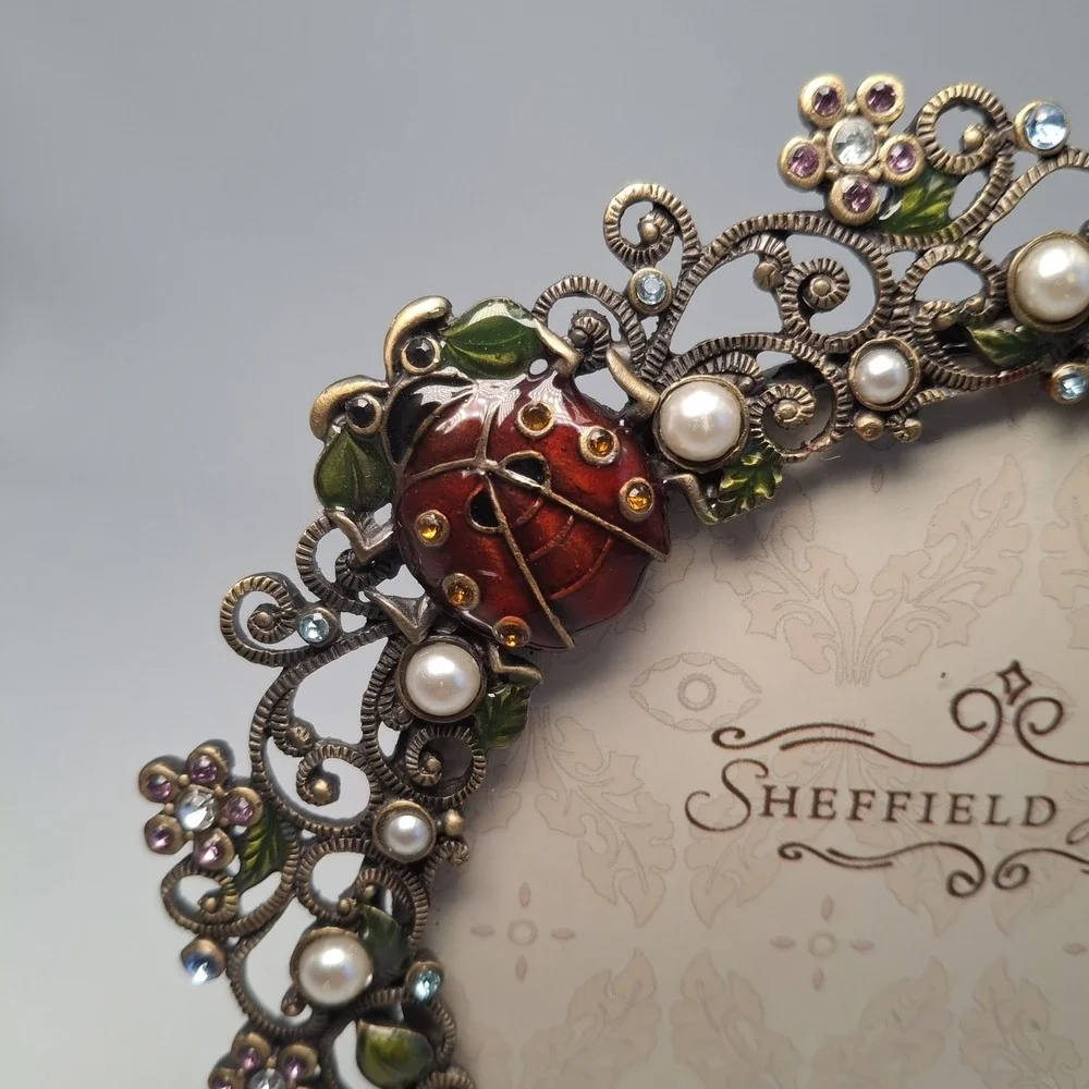 Sheffield Home 4x4 Picture Frame Ladybug Pearl Rhinestone Filigree Bronze Oval
